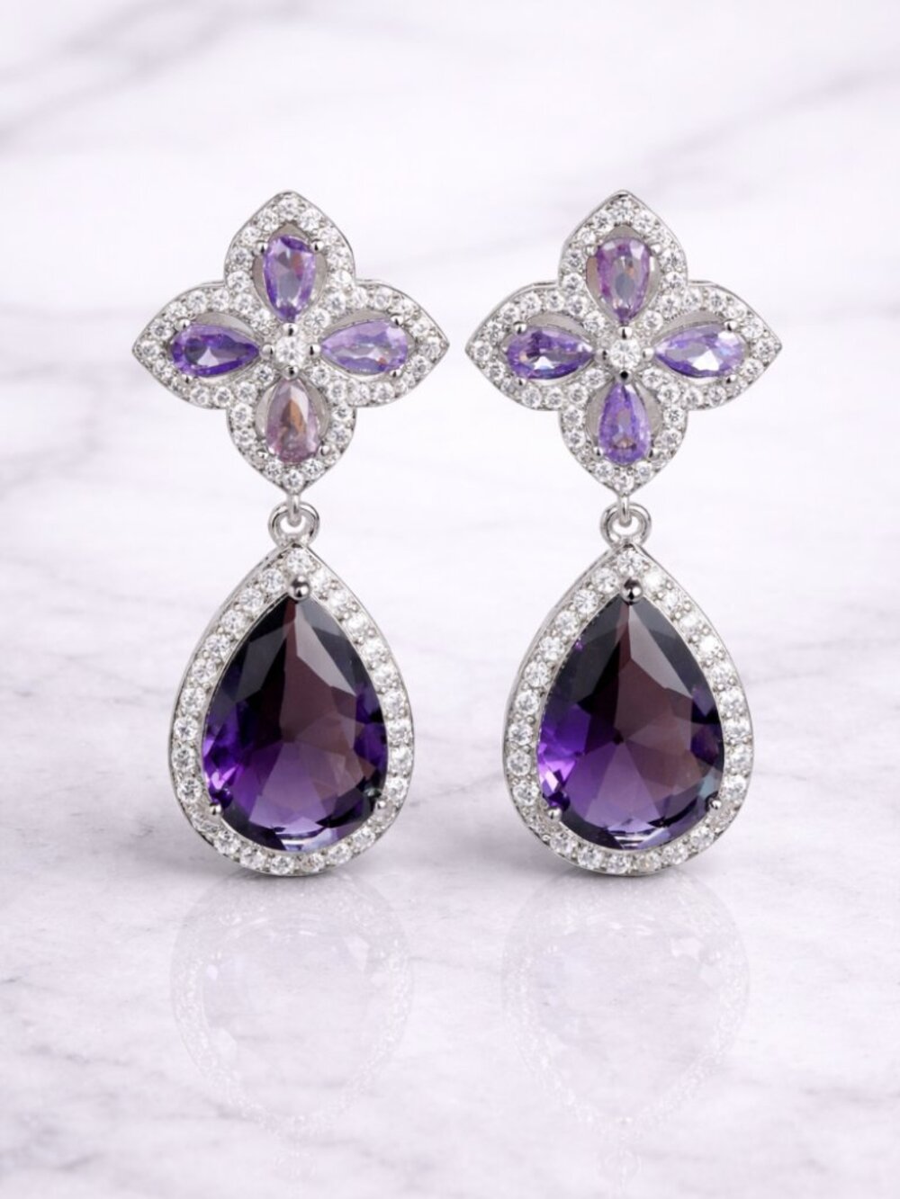 "Stewart" Purple Clover Earrings. - Picture 3 of 3